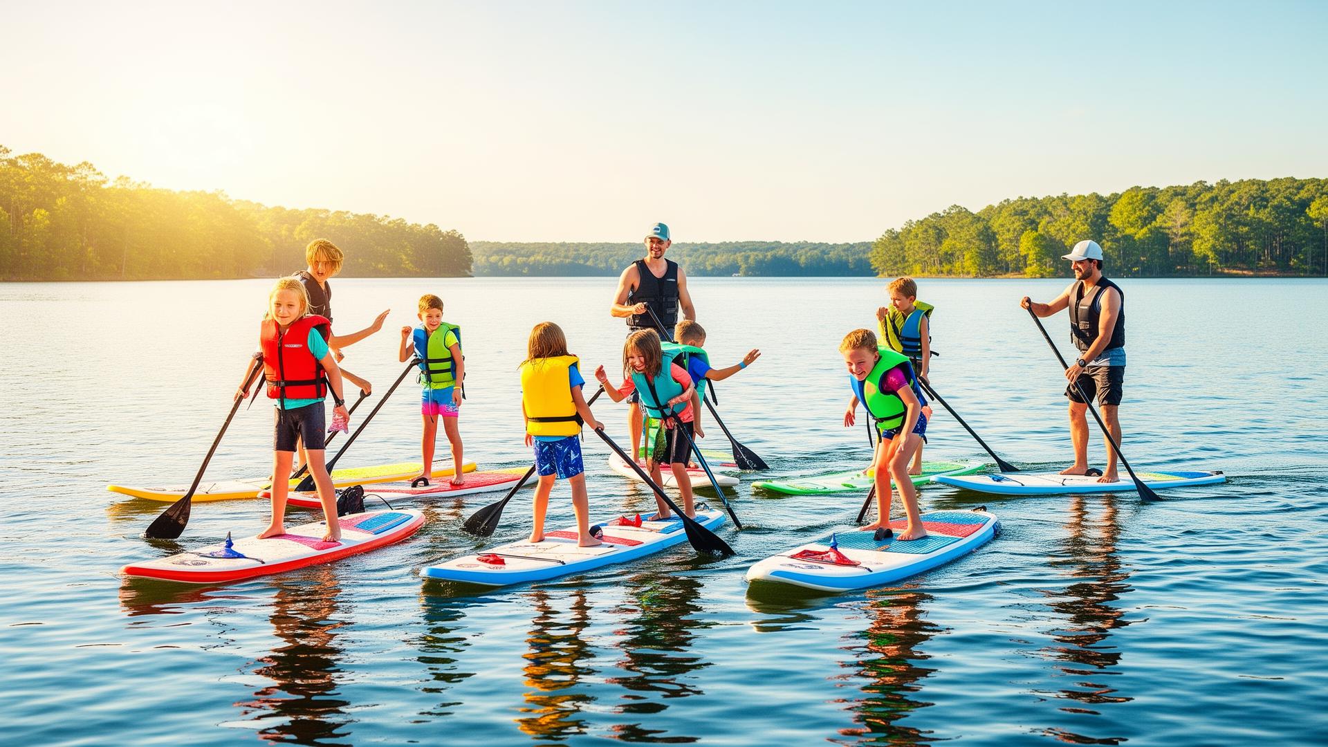 Kids and adults paddleboarding together on Lake Murray on a sunny day